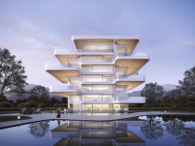 Modern Detached Villa with Multi Level Structure Large Glass Windows Surrounding Trees and Pool Reflection 3d model