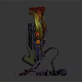 Futuristic Mechanical Weapon With Red Green Accents And Detailed Display Stand