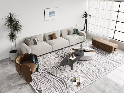 Modern Sofa and Coffee Table Set with Light Gray Upholstery Zebra Rug and Brown Armchair 3d model