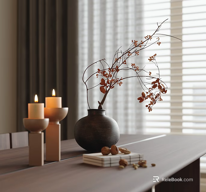 Elegant Decorative Ornament Set With Lit Candles Wooden Holders Vase Red Leafed Branches Stacked Book And Nuts On Dining Table 3d model 