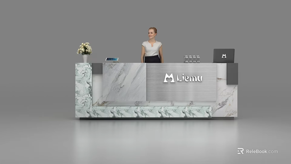 Modern Marble Reception Desk With Liemu Logo Flower Vase And Receptionist 3d model 