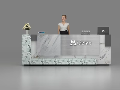Modern Marble Reception Desk With Liemu Logo Flower Vase And Receptionist 3d model