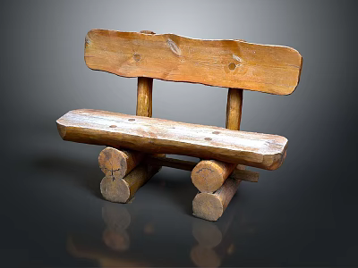 Rustic Natural Wooden Bench With Log Legs Plank Seat And Backrest 3d model
