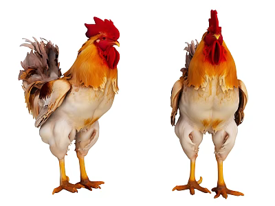 Muscular Roosters With Red Combs Yellow Legs And White Brown Feathers 3d model