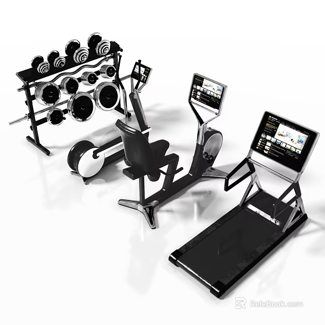 Modern Fitness Equipment Featuring Dumbbell Rack Exercise Bike Treadmill With Digital Screens And Multiple Dumbbells 3d model 