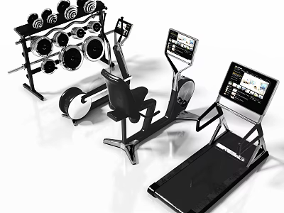 Modern Fitness Equipment Featuring Dumbbell Rack Exercise Bike Treadmill With Digital Screens And Multiple Dumbbells 3d model