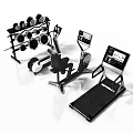 Modern Fitness Equipment Featuring Dumbbell Rack Exercise Bike Treadmill With Digital Screens And Multiple Dumbbells
