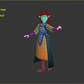 Magical Elf Creature Character Green Skin Blue Hair Silver Armor Orange Dress Blue Cape Standing