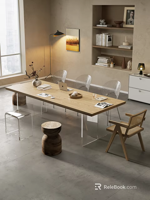 Modern Meeting Room Interior With Long Wooden Table Transparent Chairs And Bookshelf 3d model 