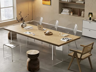 Modern Meeting Room Interior With Long Wooden Table Transparent Chairs And Bookshelf 3d model