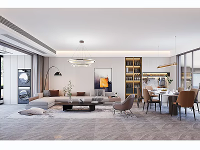 Modern Bright Open Living And Dining Room With Elegant Furniture And Warm Ambient Lighting 3d model