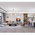 Modern Bright Open Living And Dining Room With Elegant Furniture And Warm Ambient Lighting