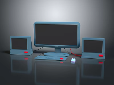 Modern Computer Setup With Main Monitor Small Screens Keyboard And Mouse 3d model