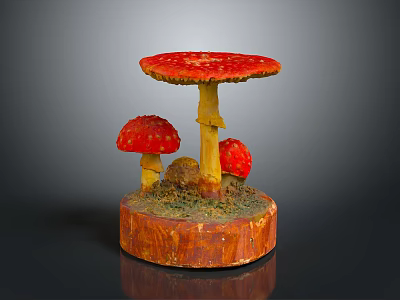 Red Mushrooms With White Spots On Wooden Base For Natural Decorative 3d model