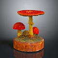 Red Mushrooms With White Spots On Wooden Base For Natural Decorative
