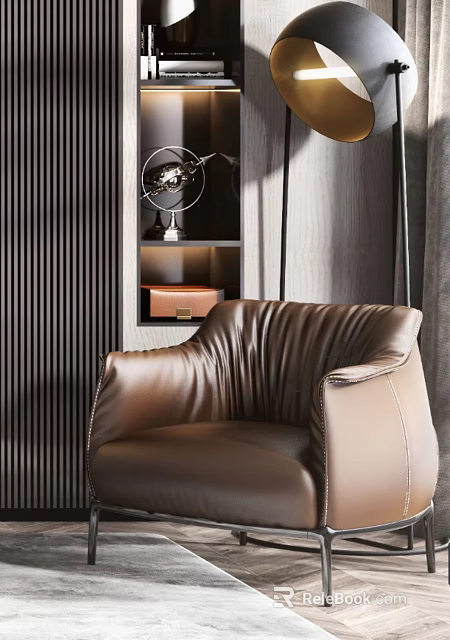Brown Leather Single Seater Sofa Featuring Pleated Design Wooden Panel Wall And Display Shelf 3d model