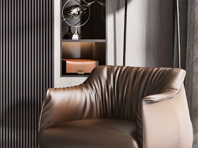 Brown Leather Single Seater Sofa Featuring Pleated Design Wooden Panel Wall And Display Shelf 3d model