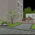 Nighttime Garden Landscape At Building Entrance With Arched Glass Door Wall Lamps And Greenery