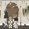 Clothing Store Interior With Hanging Light Bulbs Wooden Cabinet Mannequins Dresses Handbags And Hats