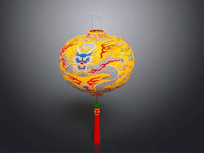 Traditional Yellow Lantern With Dragon Pattern And Red Tassel Furniture Decoration 3d model