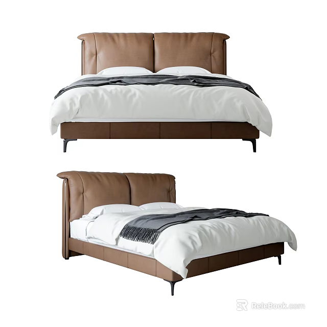 Modern Double Bed With Leather Headboard White Bedsheets And Gray Blanket Design 3d model
