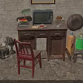 Vintage Wooden Desk with Old TV Lamp and Items Beside Red Chair and Retro Decor