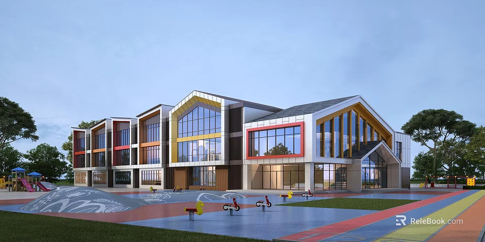 Modern School Building With Colorful Facade Large Glass Windows And Playground Area 3d model 