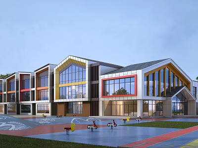 Modern School Building With Colorful Facade Large Glass Windows And Playground Area 3d model