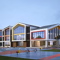 Modern School Building With Colorful Facade Large Glass Windows And Playground Area