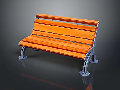Outdoor Orange Wooden Slat Bench With Sturdy Metal Frame And Backrest 3d model
