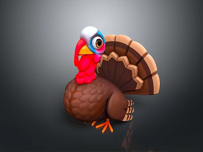3D Cartoon Turkey With Red Wattle Colorful Head And Fan Shaped Tail Feathers 3d model