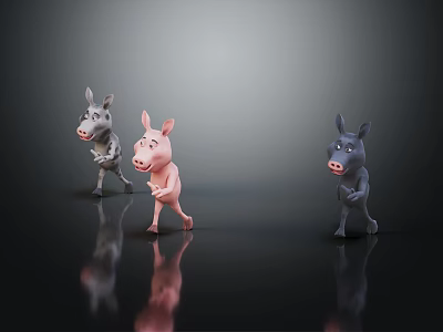 Colorful Donkey And Pig Toy Figurines In Standing Poses On Dark Reflective Surface 3d model