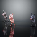 Colorful Donkey And Pig Toy Figurines In Standing Poses On Dark Reflective Surface