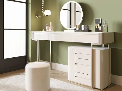 Elegant White Vanity Table With Gold Metal Legs Round Mirror Cosmetics Stool And Green Wall 3d model