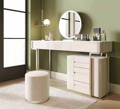 Elegant White Vanity Table With Gold Metal Legs Round Mirror Cosmetics Stool And Green Wall 3d model