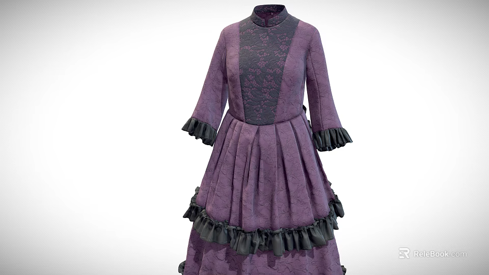 Purple High Neck Gray Patterned Dress With Black Ruffled Three Quarter Sleeves And Layered Skirt 3d model 