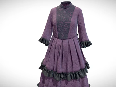 Purple High Neck Gray Patterned Dress With Black Ruffled Three Quarter Sleeves And Layered Skirt 3d model