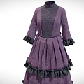 Purple High Neck Gray Patterned Dress With Black Ruffled Three Quarter Sleeves And Layered Skirt