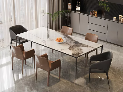 Modern Dining Table Set With Marble Top Black And Brown Chairs Kitchen Cabinet And Plant 3d model