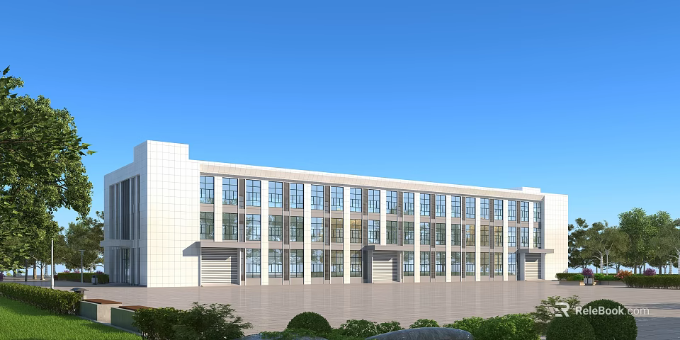 Modern Office Building Exterior Featuring Large Glass Windows White Facade Symmetrical Design And Greenery Around 3d model 