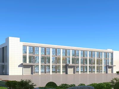 Modern Office Building Exterior Featuring Large Glass Windows White Facade Symmetrical Design And Greenery Around 3d model