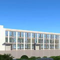 Modern Office Building Exterior Featuring Large Glass Windows White Facade Symmetrical Design And Greenery Around