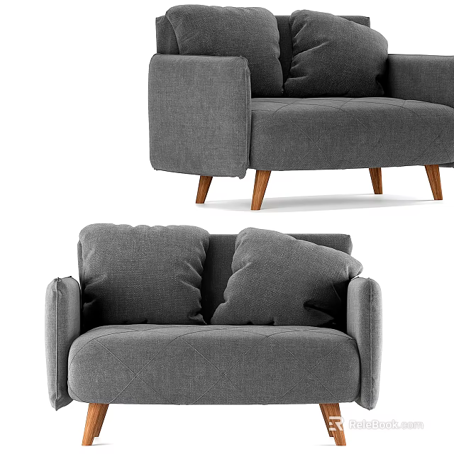 Gray Upholstered Two Seater Sofa With Plush Cushions And Wooden Legs 3d model 