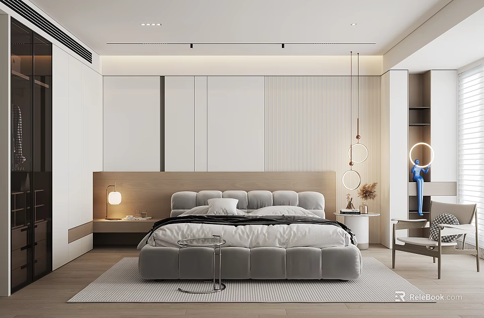 Modern Bedroom Interior With Upholstered Bed Pendant Lights And Accent Chair 3d model 