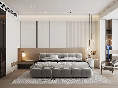 Modern Bedroom Interior With Upholstered Bed Pendant Lights And Accent Chair 3d model