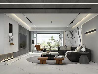 Elegant Modern Living And Dining Room Interior With Marble Walls Black Leather Sofa And Fireplace 3d model