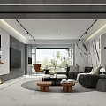 Elegant Modern Living And Dining Room Interior With Marble Walls Black Leather Sofa And Fireplace