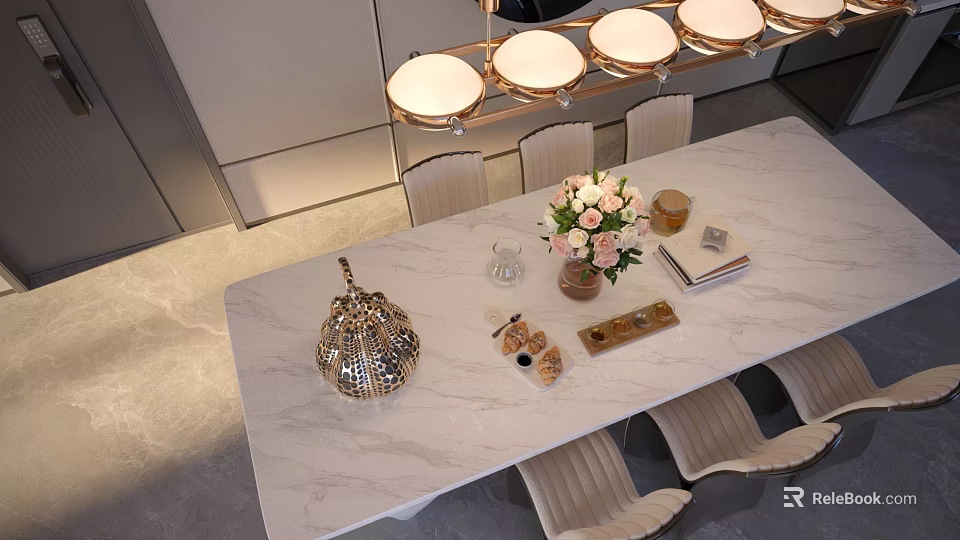 Elegant Modern Restaurant Interior With Marble Dining Table Chairs Pendant Lights And Floral Decor 3d model 