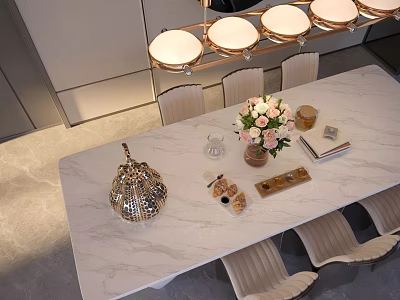Elegant Modern Restaurant Interior With Marble Dining Table Chairs Pendant Lights And Floral Decor 3d model