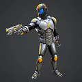 Man Wearing Gray Orange Blue Futuristic Armor Holding High Tech Gun
